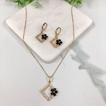 18K Gold Layered Oro Laminado Black & White Micro Cubic Zirconia Cutout Design Flower in Square Box Chain Necklace & Leverback Earrings Set 93.0235